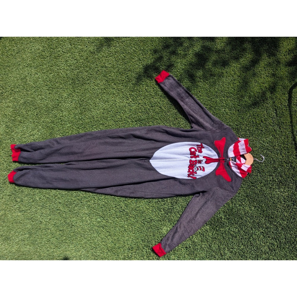 Dr. Seuss Cat in the Hat Hooded Union Suit Fleece Pajamas Grey Red L 11/13